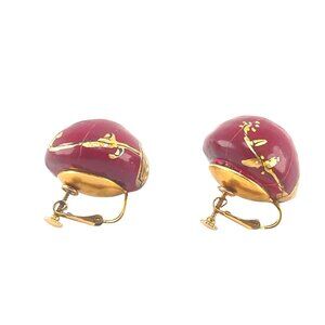 1962 Vintage Red Gold Floral Clip-On Earrings With Unique Domed Design